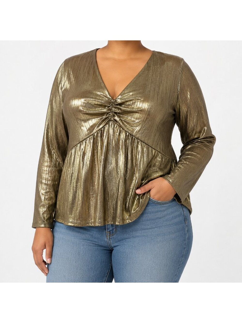MICHAEL Michael Kors Gold Metallic V-Neck Blouse Top Size XL